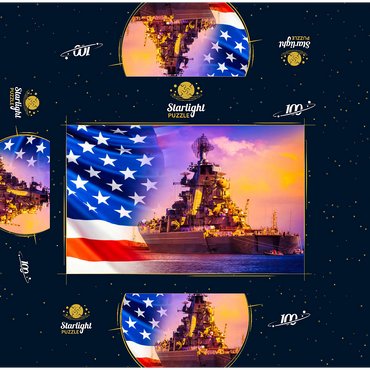 Military parade of American troops. a warship with sailors on deck against the background of the U.S. flag. American fleet. the naval forces of America. protection of the water borders of the country. 100 Jigsaw Puzzle box 3D Modell