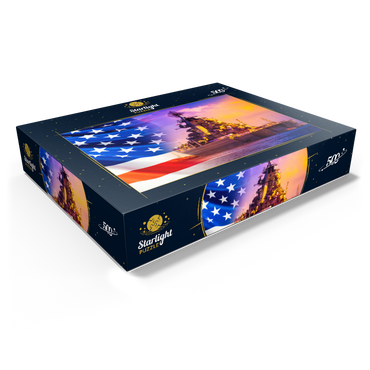 Military parade of American troops. a warship with sailors on deck against the background of the U.S. flag. American fleet. the naval forces of America. protection of the water borders of the country. 500 Jigsaw Puzzle box view1