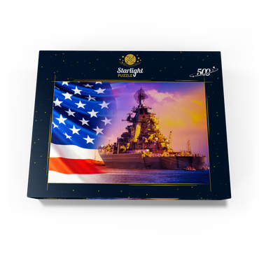 Military parade of American troops. a warship with sailors on deck against the background of the U.S. flag. American fleet. the naval forces of America. protection of the water borders of the country. 500 Jigsaw Puzzle box view1