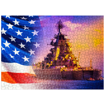 puzzleplate Military parade of American troops. a warship with sailors on deck against the background of the U.S. flag. American fleet. the naval forces of America. protection of the water borders of the country. 500 Jigsaw Puzzle