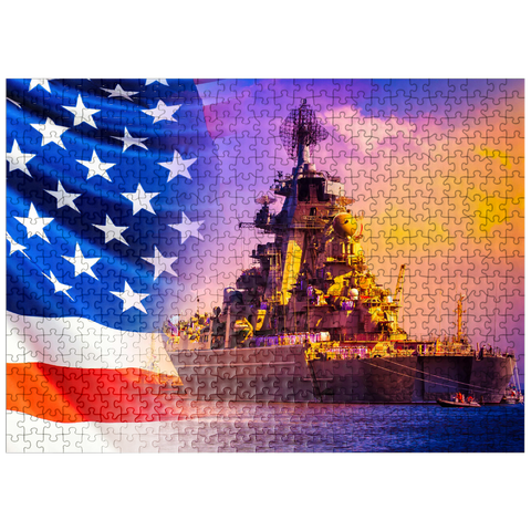 puzzleplate Military parade of American troops. a warship with sailors on deck against the background of the U.S. flag. American fleet. the naval forces of America. protection of the water borders of the country. 500 Jigsaw Puzzle