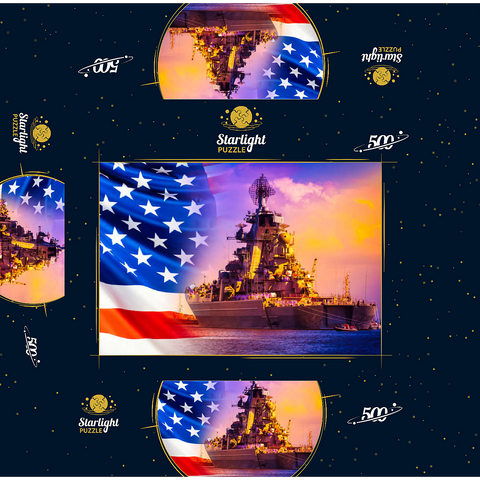 Military parade of American troops. a warship with sailors on deck against the background of the U.S. flag. American fleet. the naval forces of America. protection of the water borders of the country. 500 Jigsaw Puzzle box 3D Modell