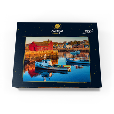 Rockport Harbor in Massachusetts with its lobster boats and village reflect in the still waters of the day. The colors give the town a nostalgic feel. 1000 Jigsaw Puzzle box view1