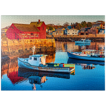 puzzleplate Rockport Harbor in Massachusetts with its lobster boats and village reflect in the still waters of the day. The colors give the town a nostalgic feel. 1000 Jigsaw Puzzle