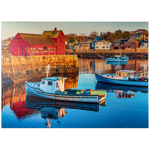 puzzleplate Rockport Harbor in Massachusetts with its lobster boats and village reflect in the still waters of the day. The colors give the town a nostalgic feel. 1000 Jigsaw Puzzle