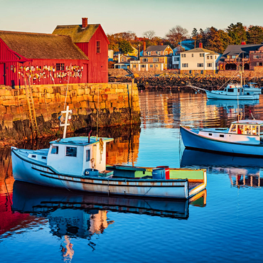 Rockport Harbor in Massachusetts with its lobster boats and village reflect in the still waters of the day. The colors give the town a nostalgic feel. 1000 Jigsaw Puzzle 3D Modell