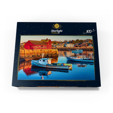 Rockport Harbor in Massachusetts with its lobster boats and village reflect in the still waters of the day. The colors give the town a nostalgic feel. 100 Jigsaw Puzzle box view1