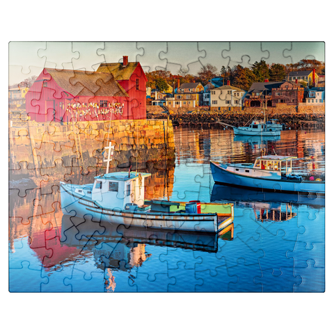 puzzleplate Rockport Harbor in Massachusetts with its lobster boats and village reflect in the still waters of the day. The colors give the town a nostalgic feel. 100 Jigsaw Puzzle