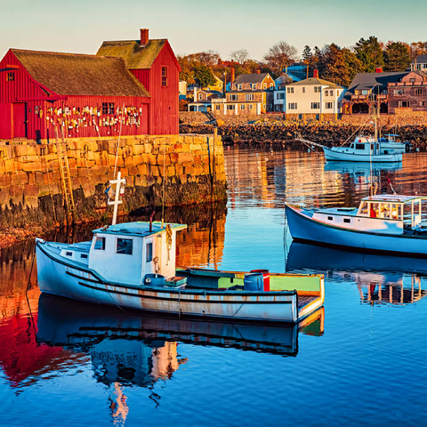 Rockport Harbor in Massachusetts with its lobster boats and village reflect in the still waters of the day. The colors give the town a nostalgic feel. 100 Jigsaw Puzzle 3D Modell