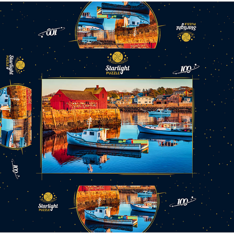 Rockport Harbor in Massachusetts with its lobster boats and village reflect in the still waters of the day. The colors give the town a nostalgic feel. 100 Jigsaw Puzzle box 3D Modell