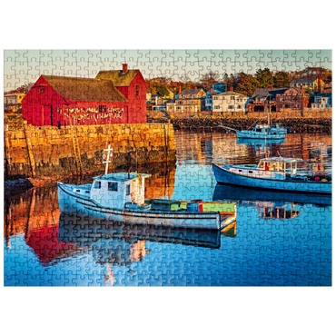 puzzleplate Rockport Harbor in Massachusetts with its lobster boats and village reflect in the still waters of the day. The colors give the town a nostalgic feel. 500 Jigsaw Puzzle