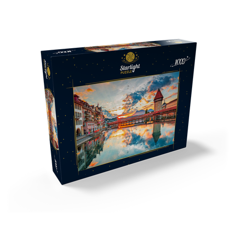 Sunset in the historical city center of Lucerne with the famous Chapel Bridge and Lake Lucerne, Canton Lucerne, Switzerland 1000 Jigsaw Puzzle box view1