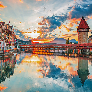 Sunset in the historical city center of Lucerne with the famous Chapel Bridge and Lake Lucerne, Canton Lucerne, Switzerland 1000 Jigsaw Puzzle 3D Modell