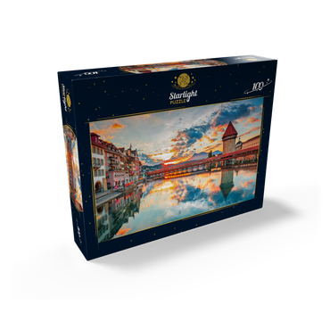 Sunset in the historical city center of Lucerne with the famous Chapel Bridge and Lake Lucerne, Canton Lucerne, Switzerland 100 Jigsaw Puzzle box view1