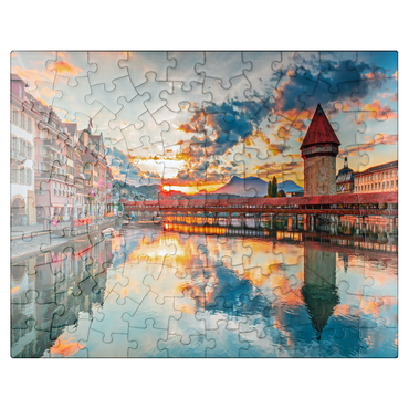 puzzleplate Sunset in the historical city center of Lucerne with the famous Chapel Bridge and Lake Lucerne, Canton Lucerne, Switzerland 100 Jigsaw Puzzle