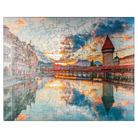 puzzleplate Sunset in the historical city center of Lucerne with the famous Chapel Bridge and Lake Lucerne, Canton Lucerne, Switzerland 100 Jigsaw Puzzle