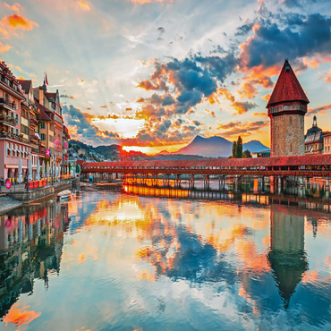 Sunset in the historical city center of Lucerne with the famous Chapel Bridge and Lake Lucerne, Canton Lucerne, Switzerland 100 Jigsaw Puzzle 3D Modell
