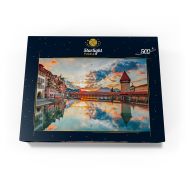 Sunset in the historical city center of Lucerne with the famous Chapel Bridge and Lake Lucerne, Canton Lucerne, Switzerland 500 Jigsaw Puzzle box view1