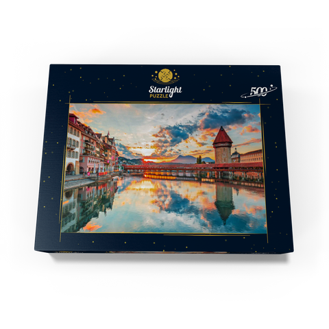 Sunset in the historical city center of Lucerne with the famous Chapel Bridge and Lake Lucerne, Canton Lucerne, Switzerland 500 Jigsaw Puzzle box view1