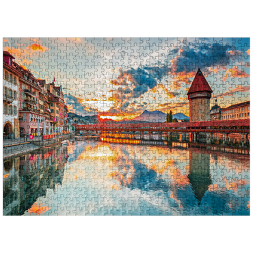 puzzleplate Sunset in the historical city center of Lucerne with the famous Chapel Bridge and Lake Lucerne, Canton Lucerne, Switzerland 500 Jigsaw Puzzle