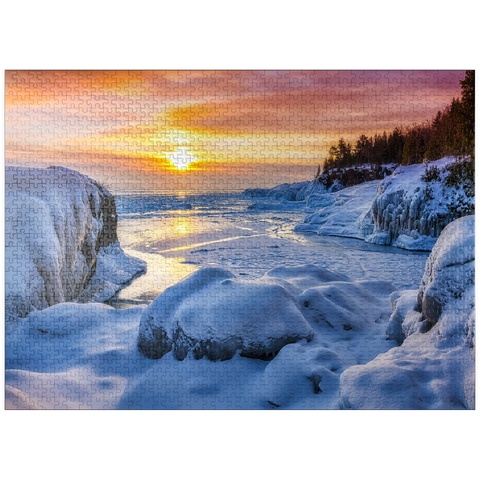 puzzleplate Frozen Lake Superior sunrise at Presque Isle Park, winter in Marquette, Michigan. 1000 Jigsaw Puzzle