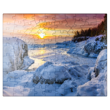 puzzleplate Frozen Lake Superior sunrise at Presque Isle Park, winter in Marquette, Michigan. 100 Jigsaw Puzzle