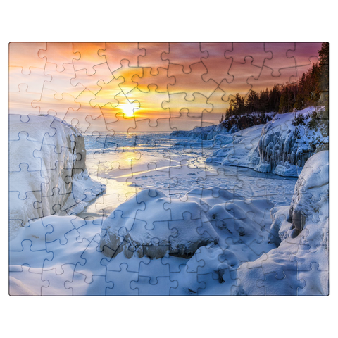 puzzleplate Frozen Lake Superior sunrise at Presque Isle Park, winter in Marquette, Michigan. 100 Jigsaw Puzzle