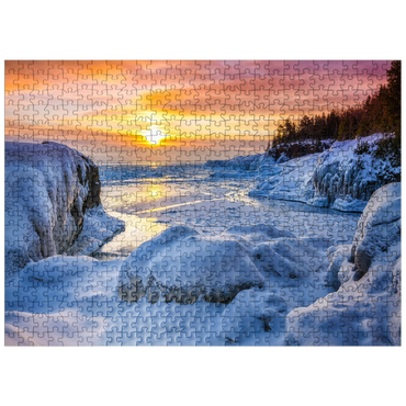 puzzleplate Frozen Lake Superior sunrise at Presque Isle Park, winter in Marquette, Michigan. 500 Jigsaw Puzzle