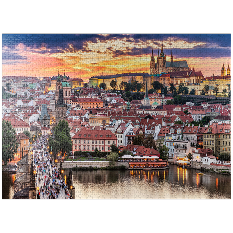 puzzleplate Prague - Czech Republic - sunset or sunrise view of Charles Bridge and Prague Castle over Vltava river and historical center of Prague, buildings and landmarks of Old Town 1000 Jigsaw Puzzle