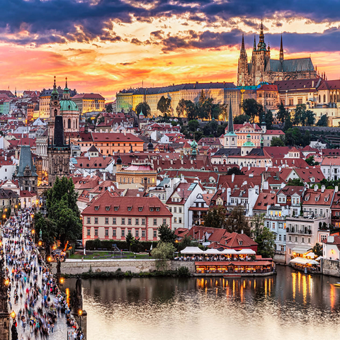 Prague - Czech Republic - sunset or sunrise view of Charles Bridge and Prague Castle over Vltava river and historical center of Prague, buildings and landmarks of Old Town 1000 Jigsaw Puzzle 3D Modell