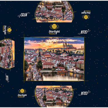 Prague - Czech Republic - sunset or sunrise view of Charles Bridge and Prague Castle over Vltava river and historical center of Prague, buildings and landmarks of Old Town 1000 Jigsaw Puzzle box 3D Modell