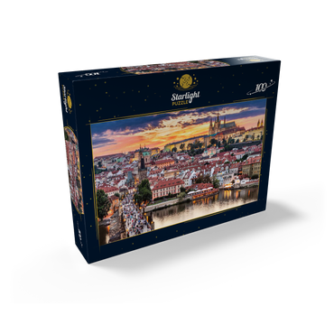 Prague - Czech Republic - sunset or sunrise view of Charles Bridge and Prague Castle over Vltava river and historical center of Prague, buildings and landmarks of Old Town 100 Jigsaw Puzzle box view1