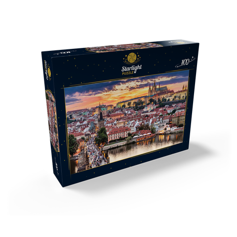 Prague - Czech Republic - sunset or sunrise view of Charles Bridge and Prague Castle over Vltava river and historical center of Prague, buildings and landmarks of Old Town 100 Jigsaw Puzzle box view1