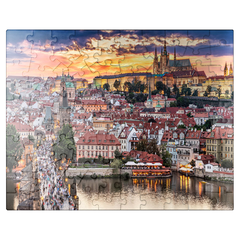 puzzleplate Prague - Czech Republic - sunset or sunrise view of Charles Bridge and Prague Castle over Vltava river and historical center of Prague, buildings and landmarks of Old Town 100 Jigsaw Puzzle