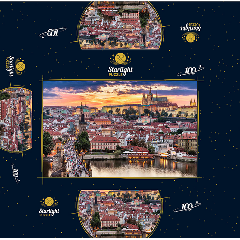 Prague - Czech Republic - sunset or sunrise view of Charles Bridge and Prague Castle over Vltava river and historical center of Prague, buildings and landmarks of Old Town 100 Jigsaw Puzzle box 3D Modell