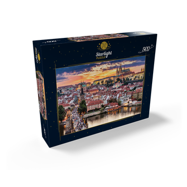 Prague - Czech Republic - sunset or sunrise view of Charles Bridge and Prague Castle over Vltava river and historical center of Prague, buildings and landmarks of Old Town 500 Jigsaw Puzzle box view1