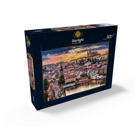 Prague - Czech Republic - sunset or sunrise view of Charles Bridge and Prague Castle over Vltava river and historical center of Prague, buildings and landmarks of Old Town 500 Jigsaw Puzzle box view1