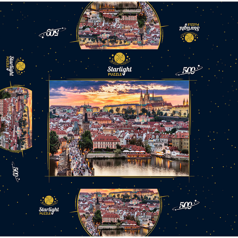 Prague - Czech Republic - sunset or sunrise view of Charles Bridge and Prague Castle over Vltava river and historical center of Prague, buildings and landmarks of Old Town 500 Jigsaw Puzzle box 3D Modell