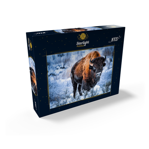 American bison crouching in snow in winter, Yellowstone National Park 1000 Jigsaw Puzzle box view1