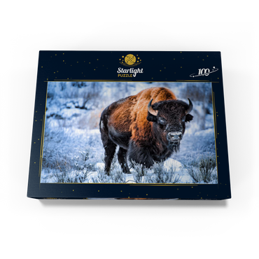 American bison crouching in snow in winter, Yellowstone National Park 100 Jigsaw Puzzle box view1