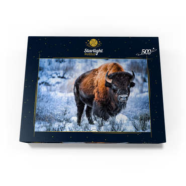 American bison crouching in snow in winter, Yellowstone National Park 500 Jigsaw Puzzle box view1