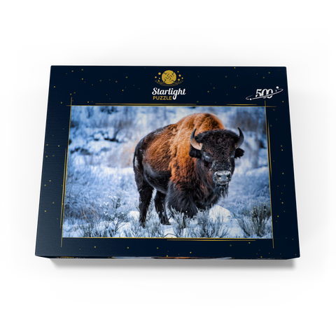 American bison crouching in snow in winter, Yellowstone National Park 500 Jigsaw Puzzle box view1