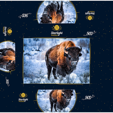 American bison crouching in snow in winter, Yellowstone National Park 500 Jigsaw Puzzle box 3D Modell