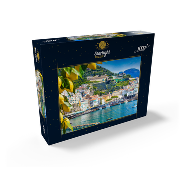 Panoramic view of beautiful Amalfi on hills leading down to the coast, Campania, Italy. Amalfi Coast is the most popular travel and vacation destination in Europe. Ripe yellow lemons in the foreground. 1000 Jigsaw Puzzle box view1
