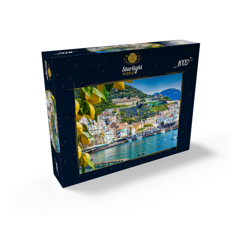 Panoramic view of beautiful Amalfi on hills leading down to the coast, Campania, Italy. Amalfi Coast is the most popular travel and vacation destination in Europe. Ripe yellow lemons in the foreground. 1000 Jigsaw Puzzle box view1