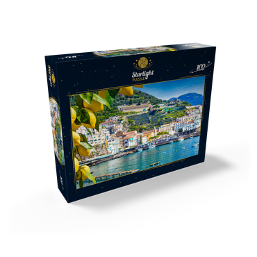 Panoramic view of beautiful Amalfi on hills leading down to the coast, Campania, Italy. Amalfi Coast is the most popular travel and vacation destination in Europe. Ripe yellow lemons in the foreground. 100 Jigsaw Puzzle box view1