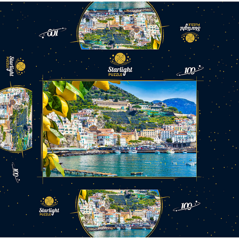 Panoramic view of beautiful Amalfi on hills leading down to the coast, Campania, Italy. Amalfi Coast is the most popular travel and vacation destination in Europe. Ripe yellow lemons in the foreground. 100 Jigsaw Puzzle box 3D Modell