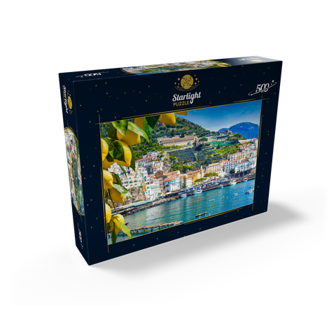 Panoramic view of beautiful Amalfi on hills leading down to the coast, Campania, Italy. Amalfi Coast is the most popular travel and vacation destination in Europe. Ripe yellow lemons in the foreground. 500 Jigsaw Puzzle box view1