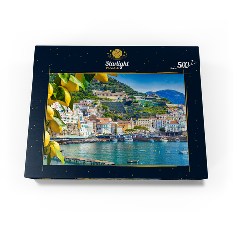 Panoramic view of beautiful Amalfi on hills leading down to the coast, Campania, Italy. Amalfi Coast is the most popular travel and vacation destination in Europe. Ripe yellow lemons in the foreground. 500 Jigsaw Puzzle box view1