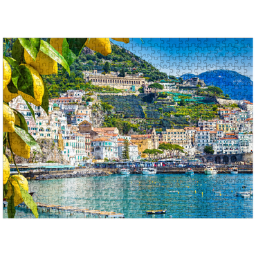 puzzleplate Panoramic view of beautiful Amalfi on hills leading down to the coast, Campania, Italy. Amalfi Coast is the most popular travel and vacation destination in Europe. Ripe yellow lemons in the foreground. 500 Jigsaw Puzzle